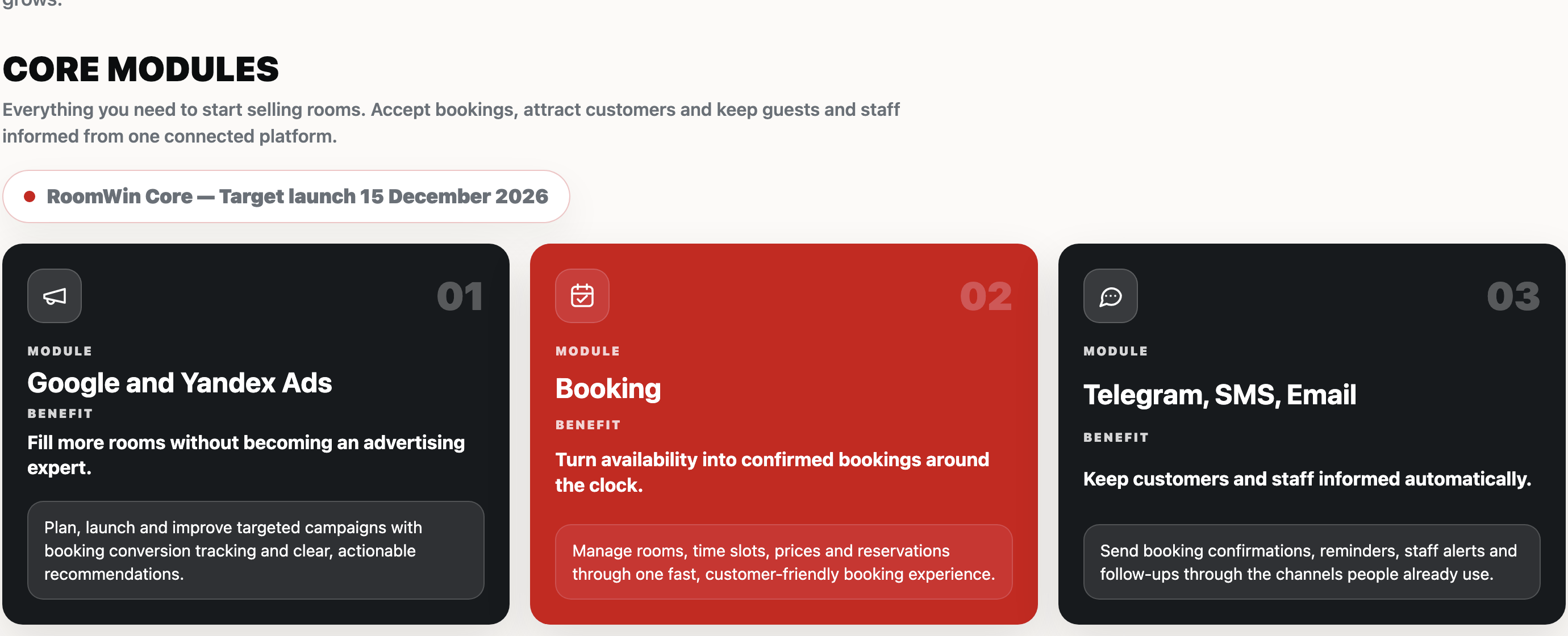 RoomWin Core modules for advertising, booking and customer notifications